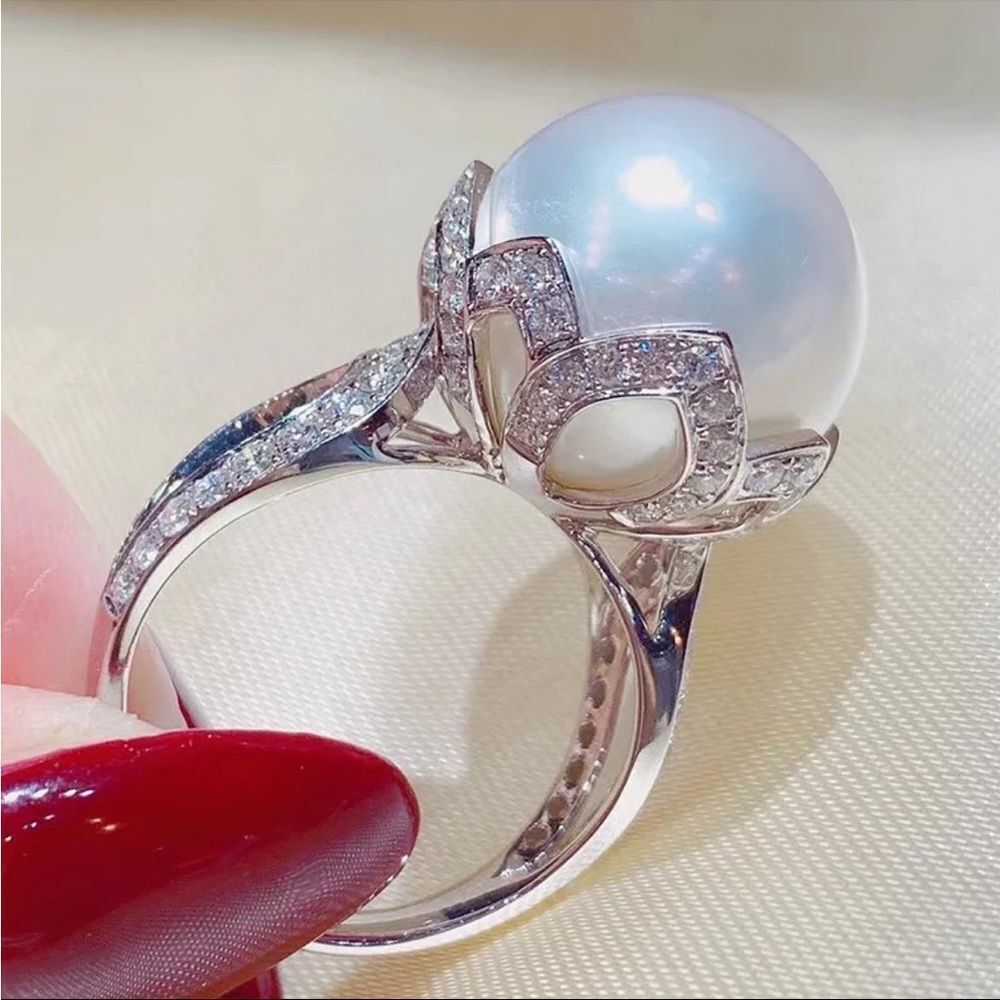 925 Sterling Silver Extra Large Cultured Pearl Diamond Cubic Zirconia Ring NEW!